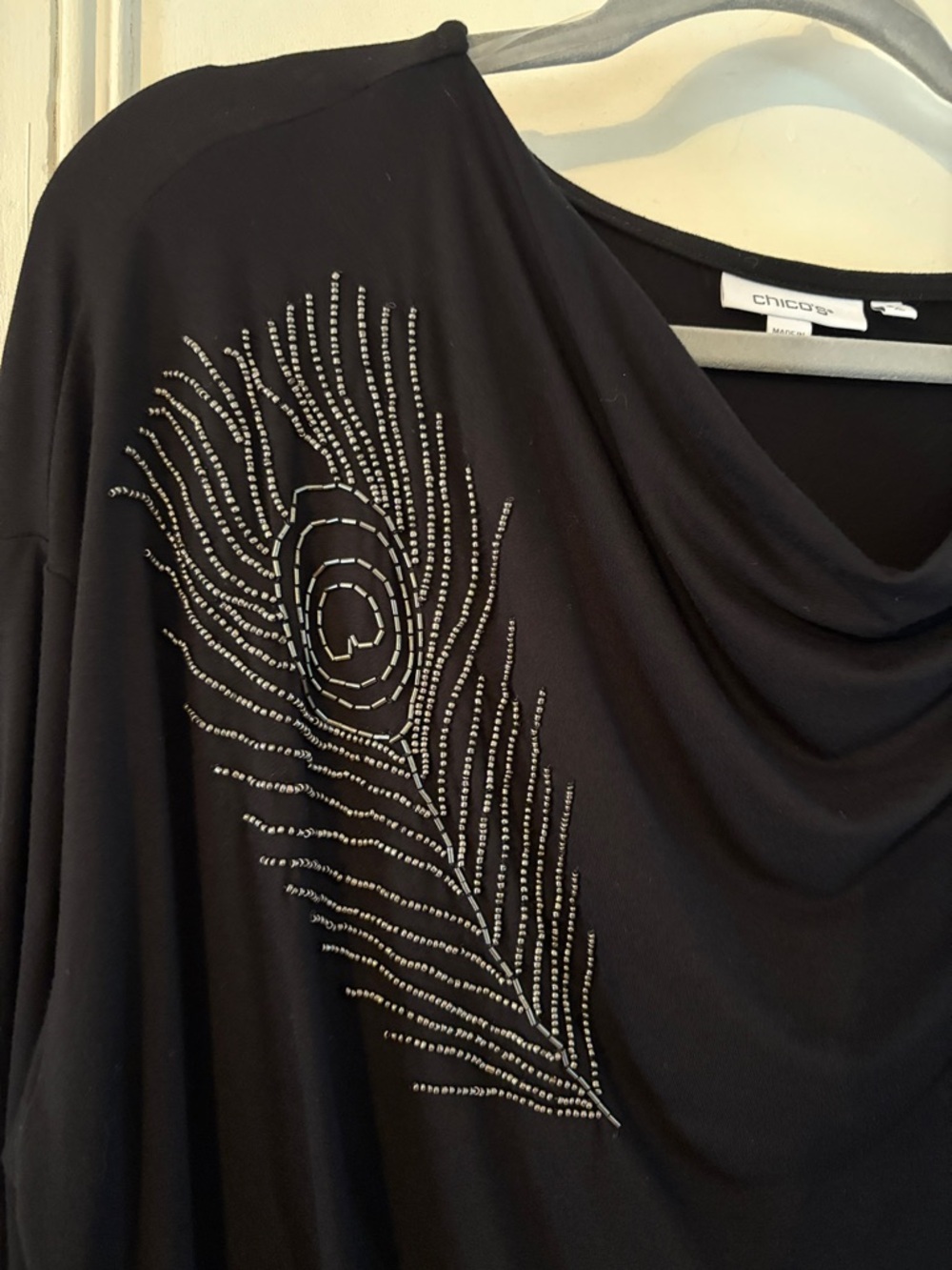 Chico's Black Cowl Neck Dolman Top with Beaded Peacock Feather Embellishment - Picture 2 of 7